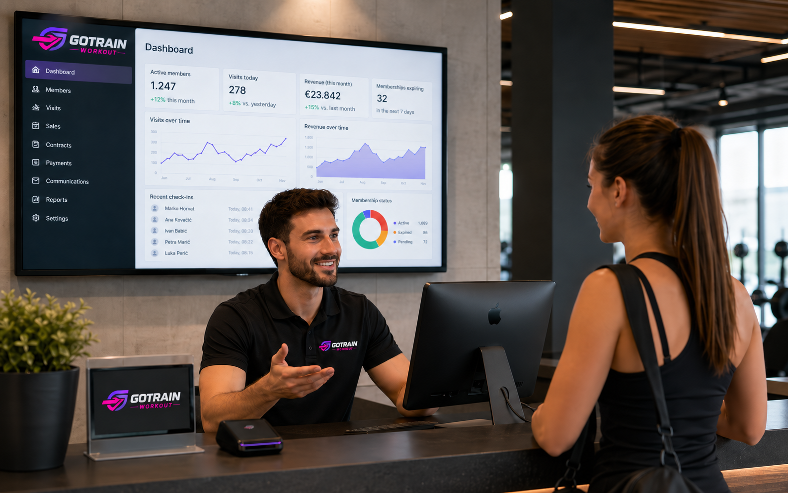 Receptionist talking with a member