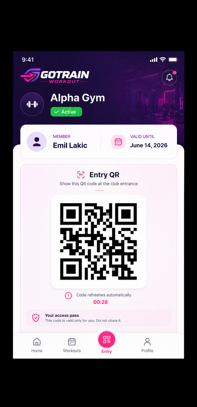 GoTrain app — gym entry